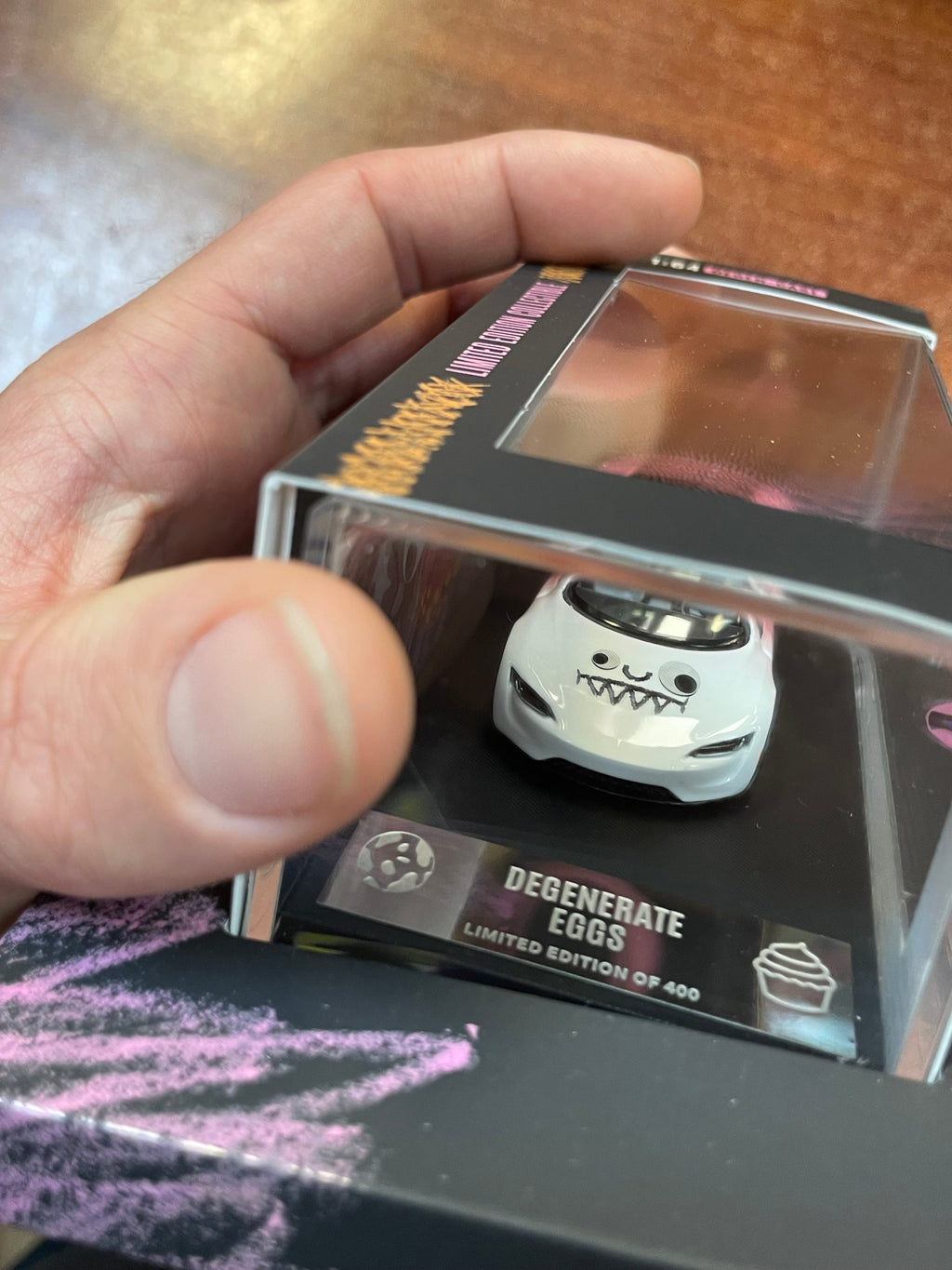 Degenerate Eggs Pink Tesla 1/64 (NVRLAND Collectibles, Diecast ) SEALED product image 5, provided for visual reference and