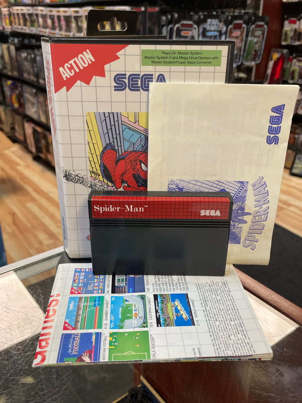 Spider-Man with Pack Sticker (SEGA Master System SMS, Video Games) **COMPLETE** product image 1, provided for visual