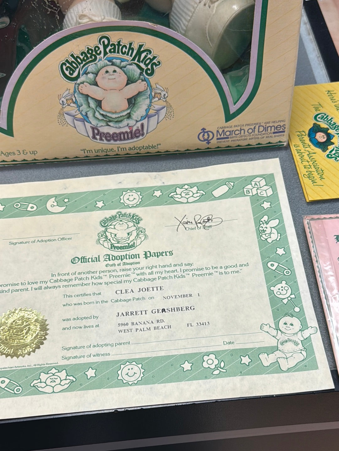 Clea Joette Preemie with Papers Box (Vintage CPK Cabbage Patch Kid, Coleco) product image 6, provided for visual reference