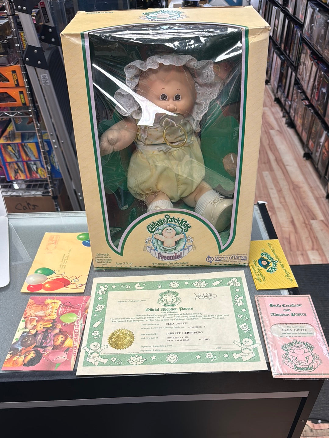 Clea Joette Preemie with Papers Box (Vintage CPK Cabbage Patch Kid, Coleco) product image 1, provided for visual reference