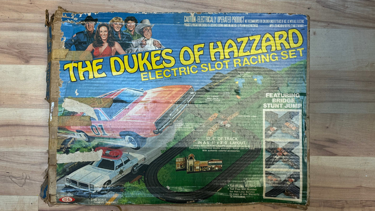 Dukes of Hazzard Electric Slot Racing Set (Vintage Dukes of Hazzard, Ideal) DAMAGED BOX product image 1, provided for visual