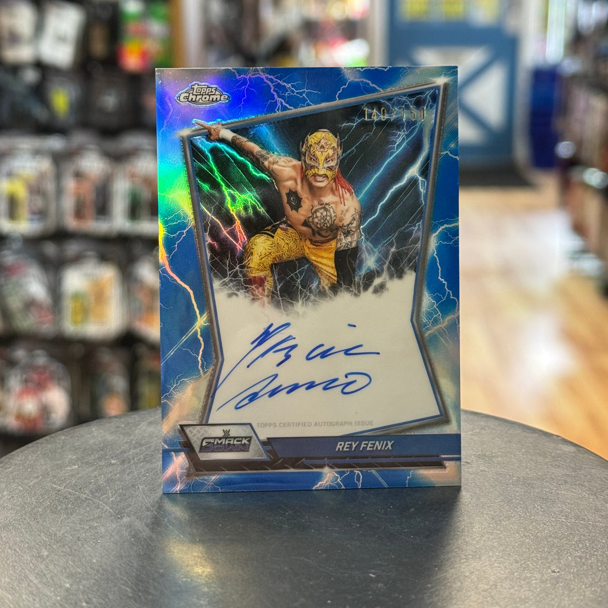 Rey Fenix Auto -Blue Refractor 140/150- (WWE, Topps Chrome) product image 1, provided for visual reference and product